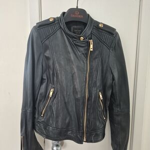 Zara Black Leather Jacket with Gold Details